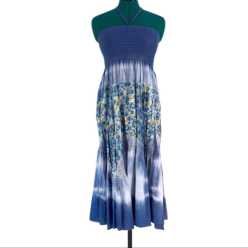 Lavena Strapless Elastic Bodice Floral and Tie Dye Midi Sun Dress, One Size